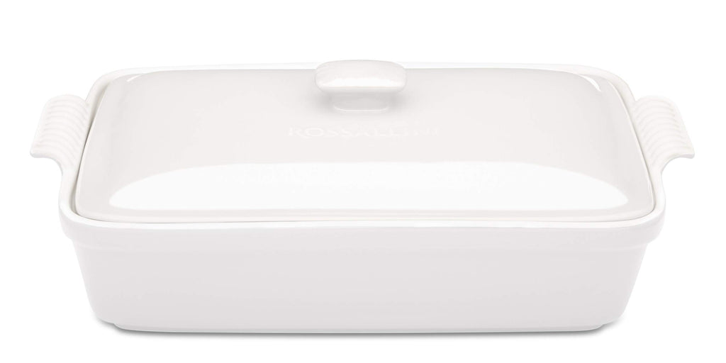ROSSALLINI Stoneware Casserole Dish Bakeware Set with Lid, Covered Rectangular Dinnerware, Large 3.2 Quart, 11 by 9 Inch, Bianco [White]