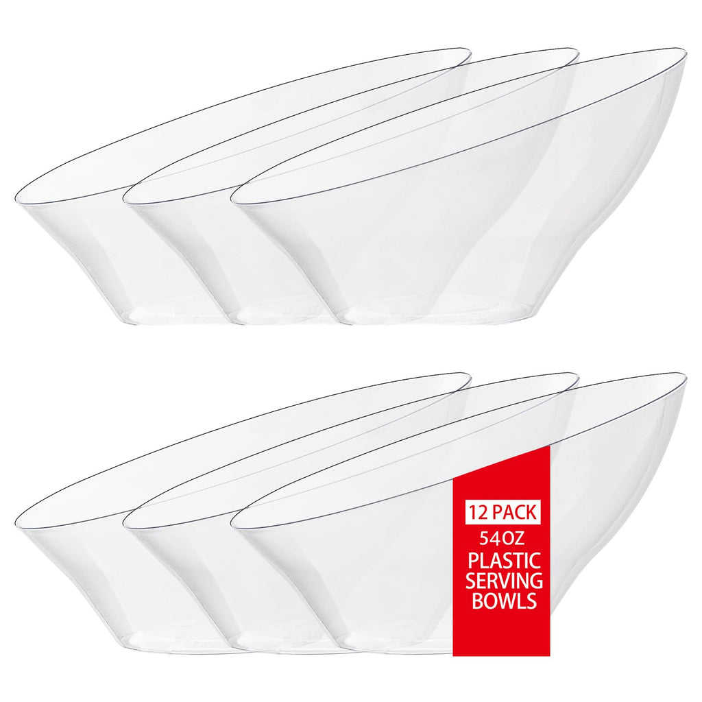 bUCLA 54 OZ Clear Plastic Serving Bowls (12 Pack) - Angled Serving Bowls Disposable for Chip&Candy - Party Table Salad and Fruit