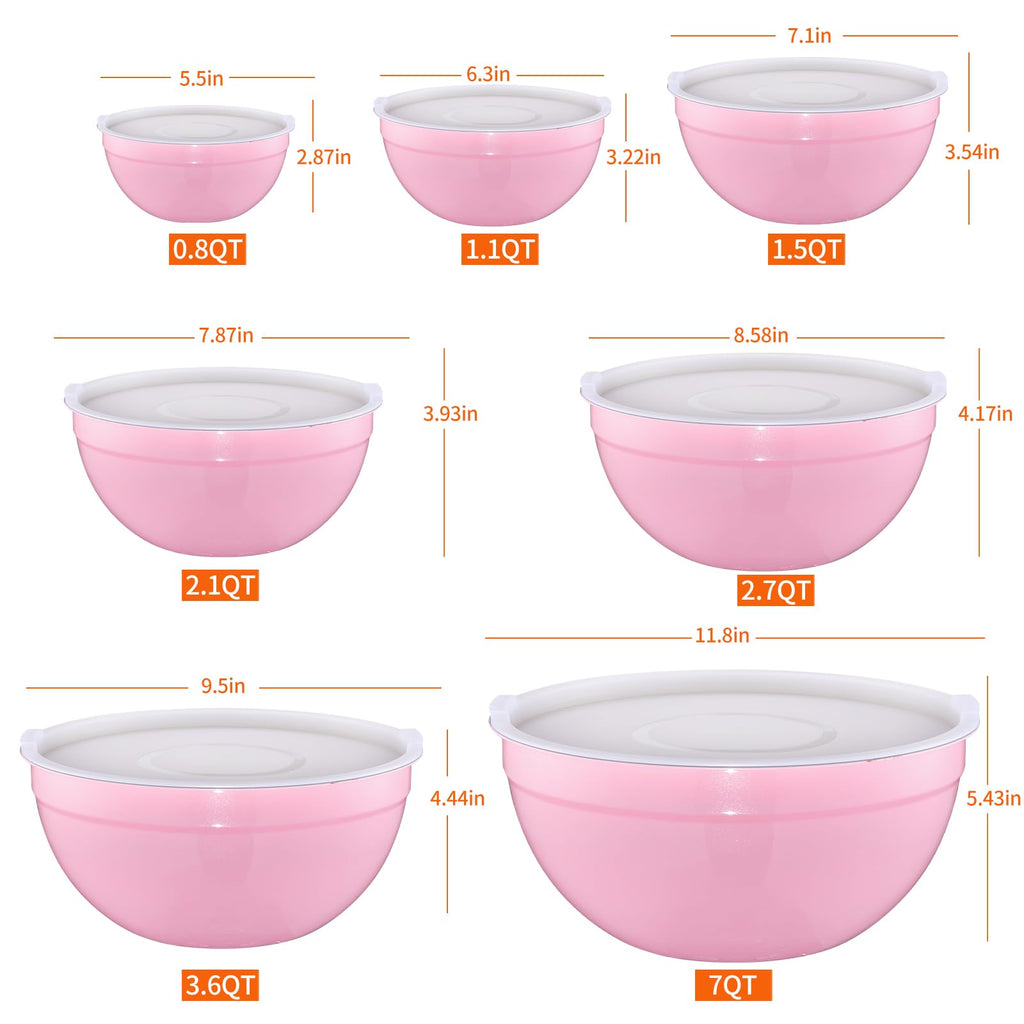 LKTDYMEG Pink Mixing Bowls with Lids Set of 7, Stainless Steel Nesting Bowl with Khaki Lid for Non-slip Mixing Prepping Storing Serving, 7 Sizes-7/3.6/2.7/2.1/1.5/1/0.8 QT