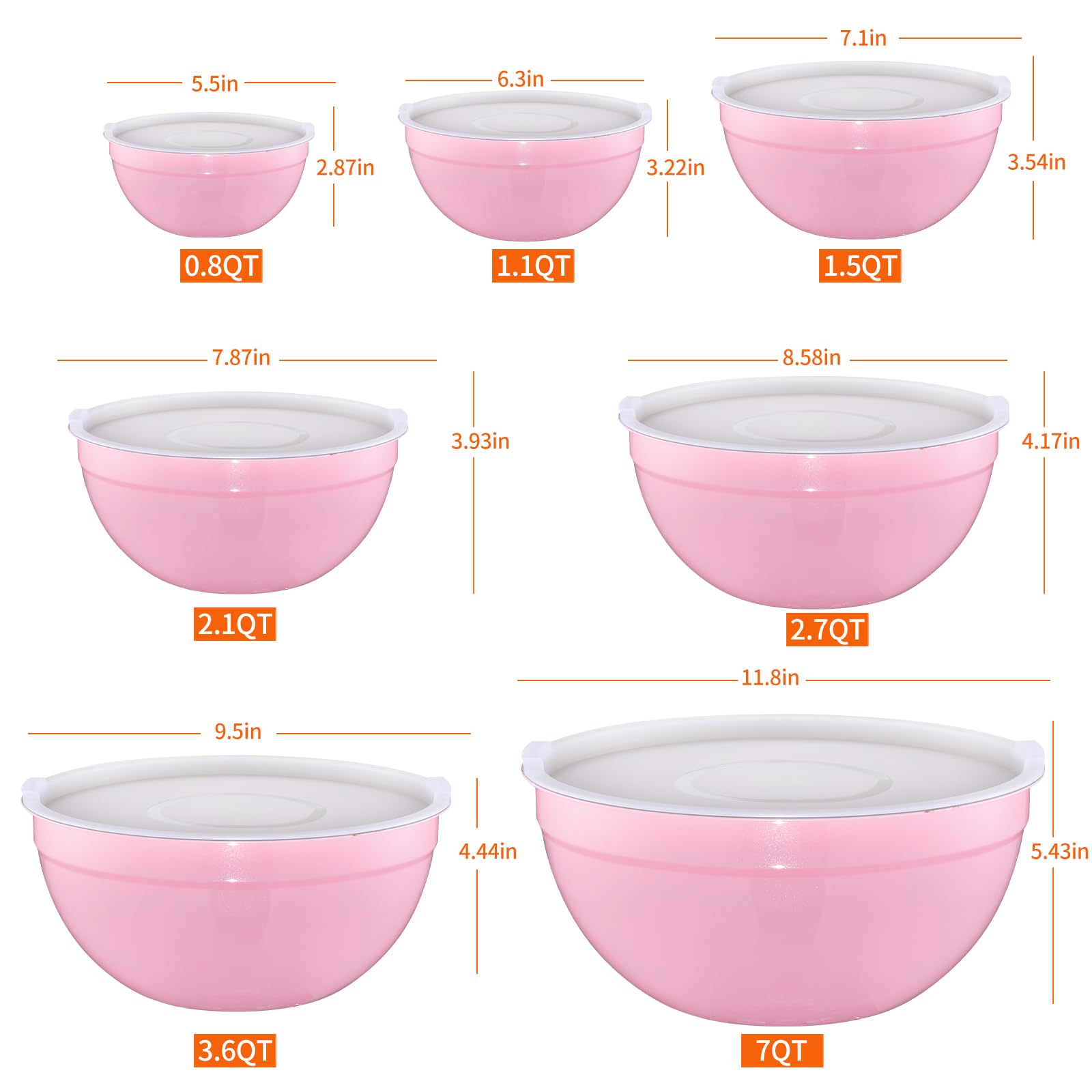 LKTDYMEG Pink Mixing Bowls with Lids Set of 7, Stainless Steel Nesting Bowl with Khaki Lid for Non-slip Mixing Prepping Storing Serving, 7 Sizes-7/3.6/2.7/2.1/1.5/1/0.8 QT
