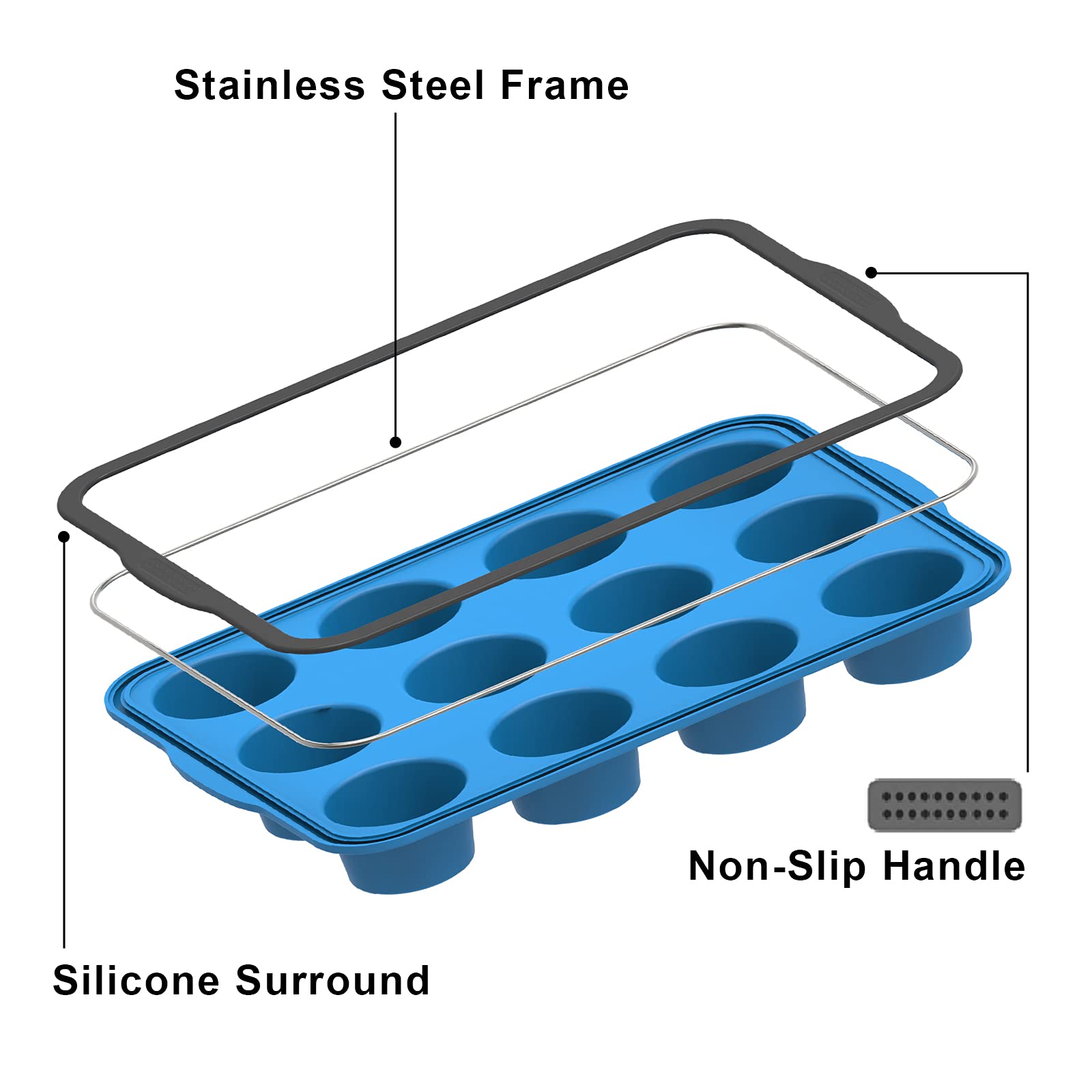 Aichoof Non-Stick Silicone Muffin Pan With Reinforced Stainless Steel Frame Inside,12 Cup Regular Muffin Baking Mold, 12 Cup Muffin Tin, BPA Free,Dishwasher Safe, Blue