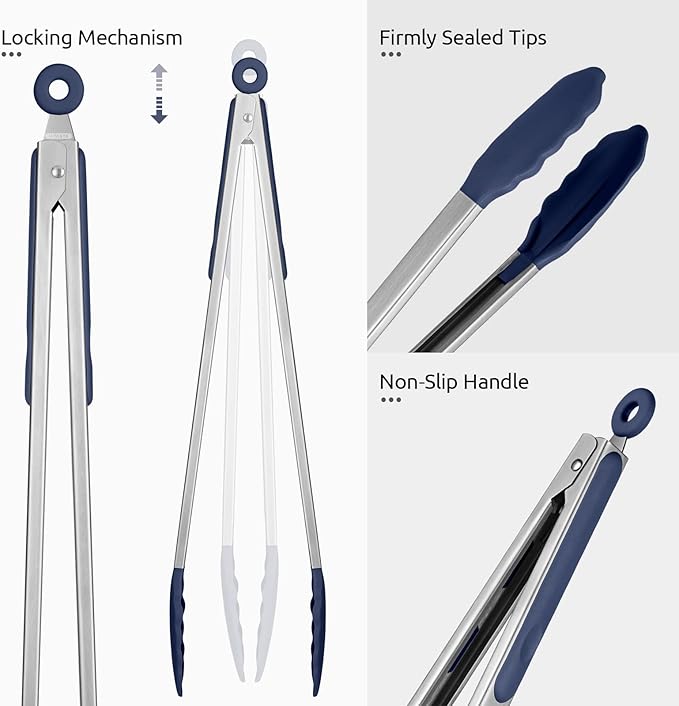 600ºF Heat Resistant Kitchen Tongs: U-Taste 16 in Extra Long Large Silicone Cooking Tong with Non Stick Rubber Tips & Non Slip Silicon Coated 18/8 Stainless Steel Handle for Grill BBQ (Midnight Blue)