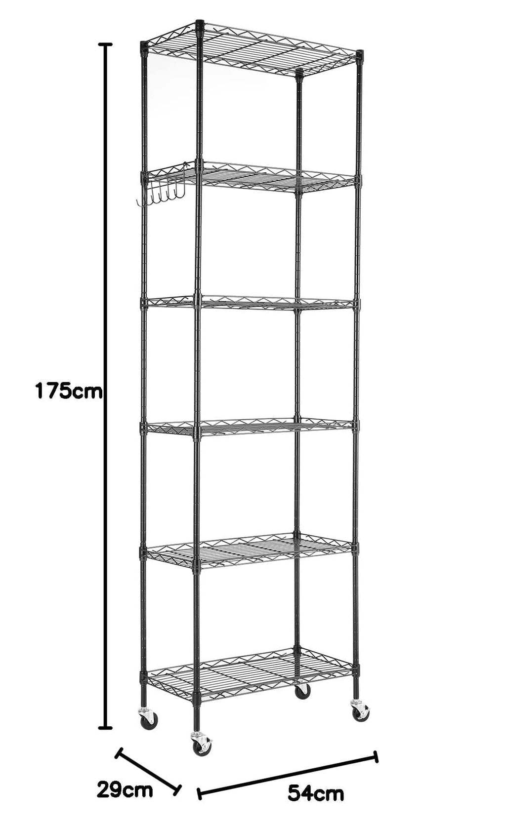 Himimi 6-Tier Storage Shelf Units, Adjustable Wire Shelving with Wheels, Metal Shelves with Stainless Side Hooks, Free Standing Shelving for Laundry Bathroom Kitchen Pantry Closet, Black