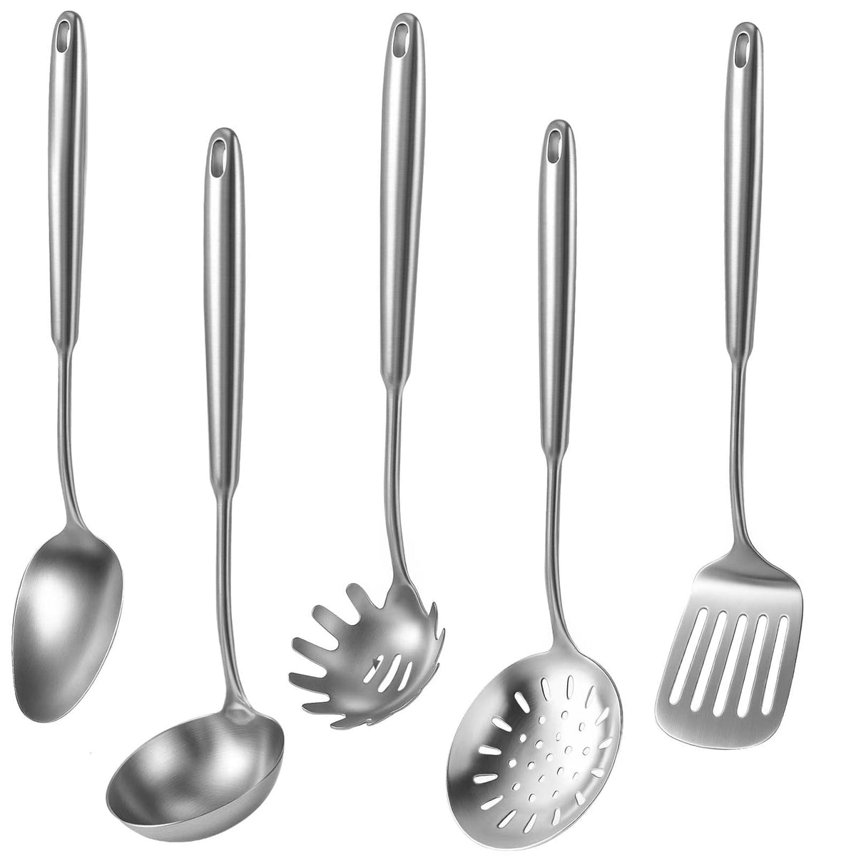 Newness 9 Pcs Cooking Utensils Set, 304 Stainless Steel Kitchen Utensils Set, Metal Kitchen Accessories, Include Soup Ladle, Slotted Skimmer Spoon, Spaghetti Spoon and Spatula, Dishwasher Safe