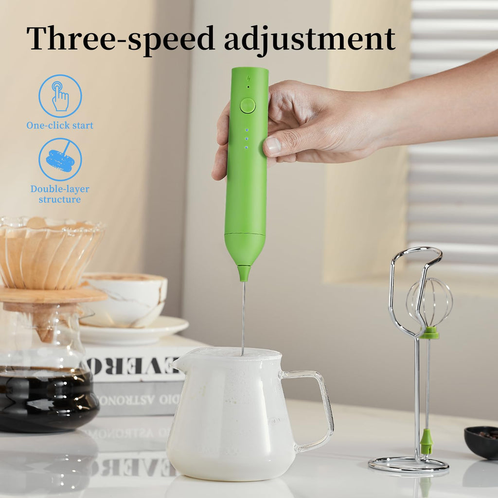 ELMWAY Rechargeable Milk Frother Set by ELMWAY, Electric Drink Blender with Wand and Egg Whisk, Foam Maker Mixer, Milk Frother Handled for Coffee, Latte, Matcha, Protein Powder (Green with Stand)