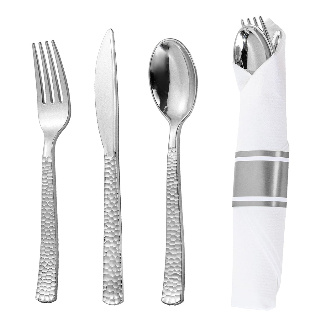 WELLIFE 50 Pack Silver Plastic Silverware,Wrapped Silverware Set Disposable,Hammer Pattern Design,Includes:50 Forks, 50 Knives, 50 Spoons, 50 Napkins,Plastic Utensils for Party and Wedding
