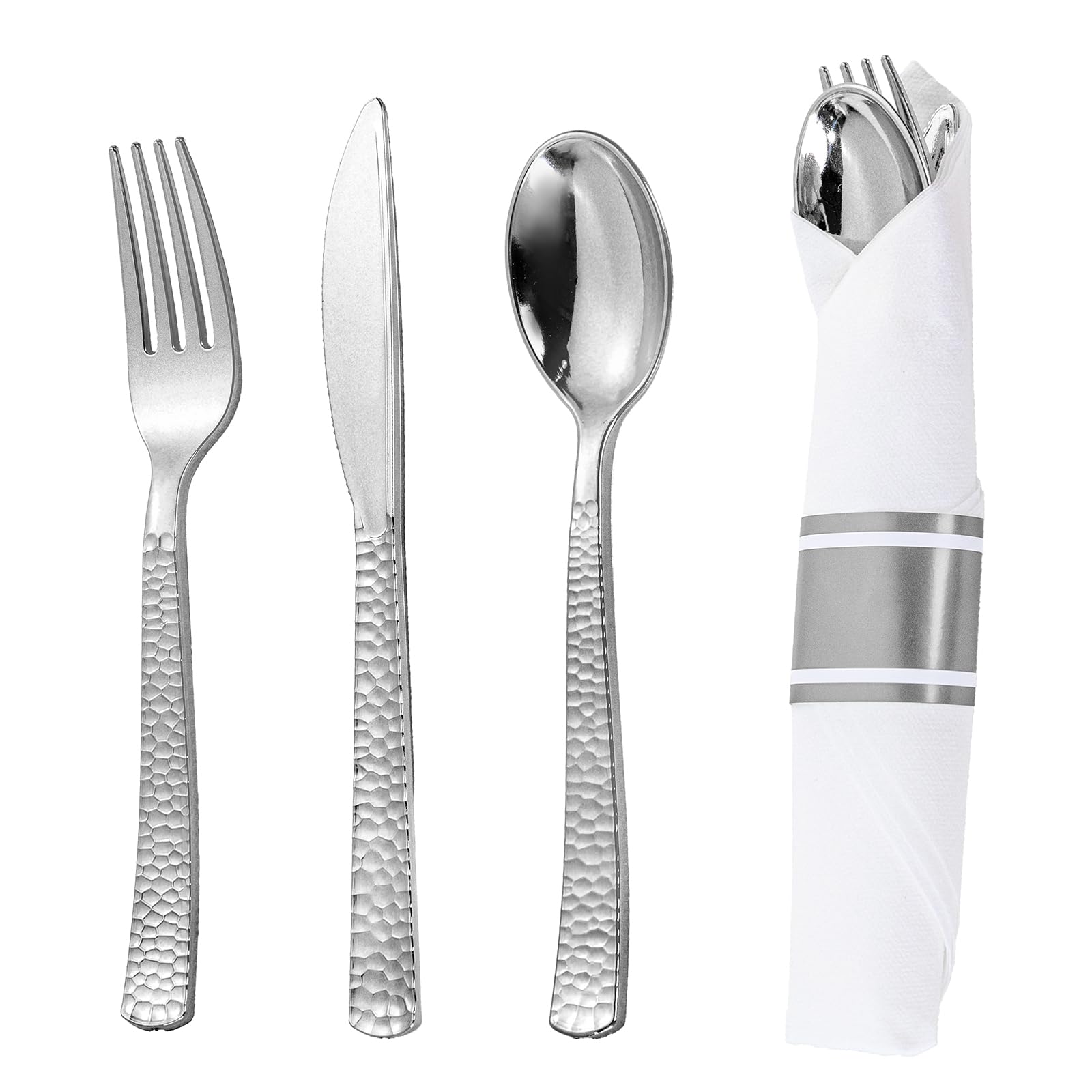 WELLIFE 50 Pack Silver Plastic Silverware,Wrapped Silverware Set Disposable,Hammer Pattern Design,Includes:50 Forks, 50 Knives, 50 Spoons, 50 Napkins,Plastic Utensils for Party and Wedding
