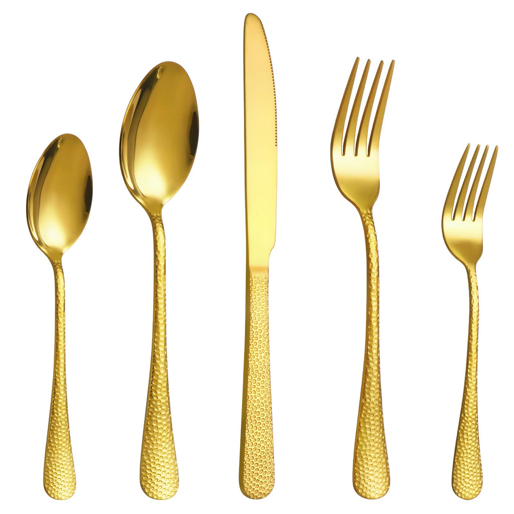 40 Pcs Gold Silverware Set for 8, Food Grade Stainless Steel Flatware Set, Eating Utensils Sets Include Fork/Knife/Spoon, Reusable Cutlery Set for Home Kitchen, Dishwasher Safe, Wave Hammered