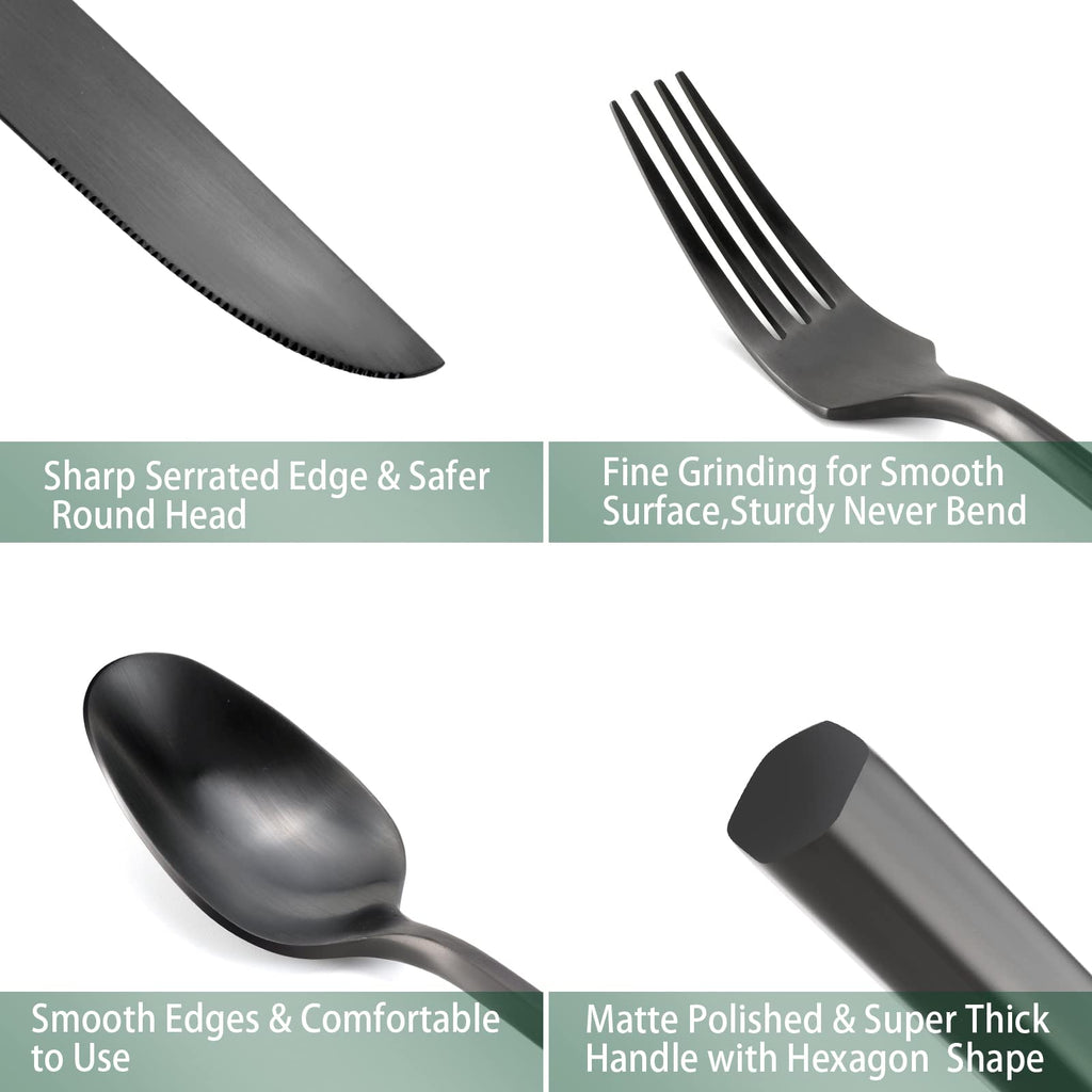 DEACORY Silverware Set Matte Black Hexagon 40-Piece Service for 8