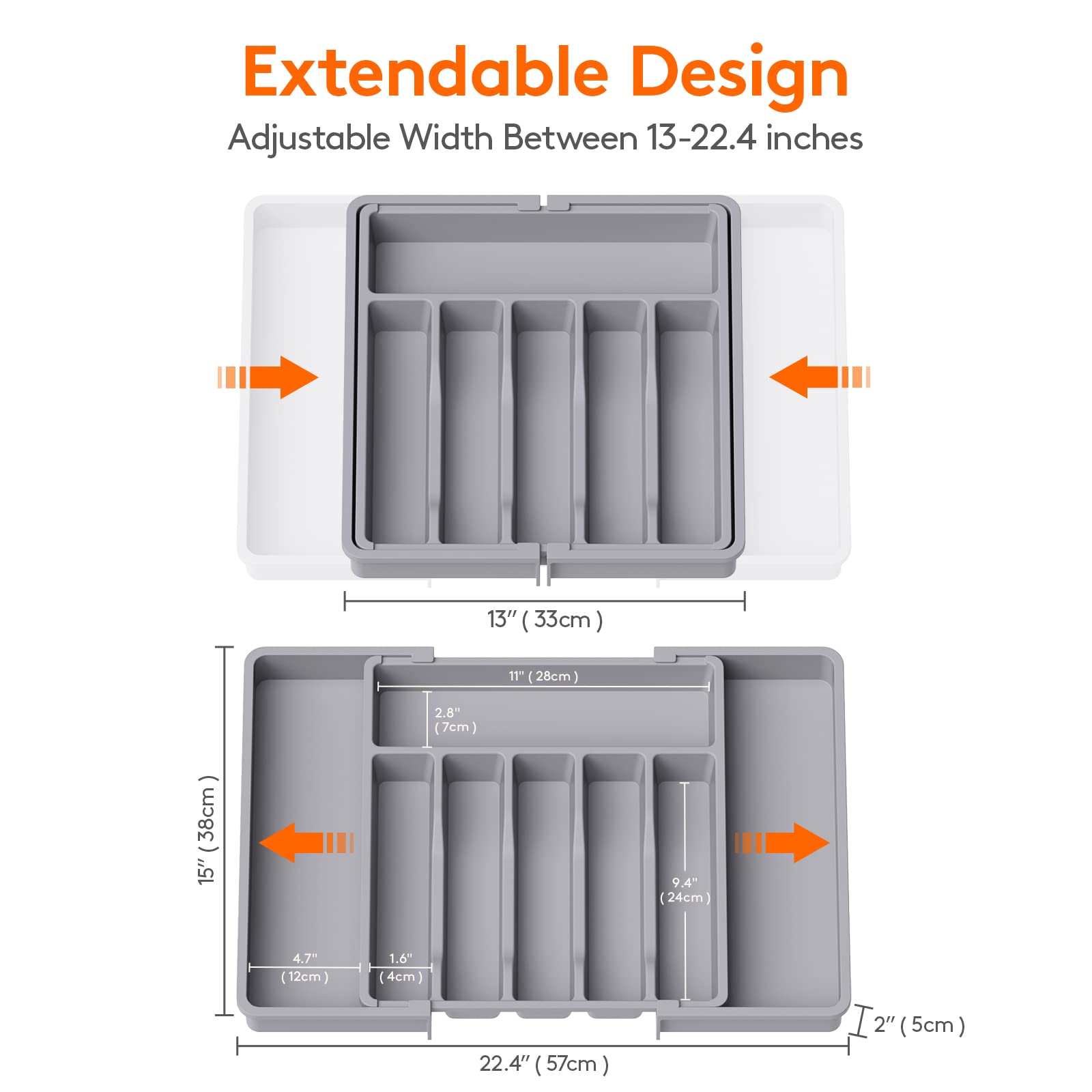 Lifewit Extra Large Silverware Drawer Organizer, Expandable Utensil Tray for Kitchen, BPA Free Flatware and Cutlery Holder, Adjustable Plastic Storage for Spoons Forks Knives, 13-22 x 15, Gray