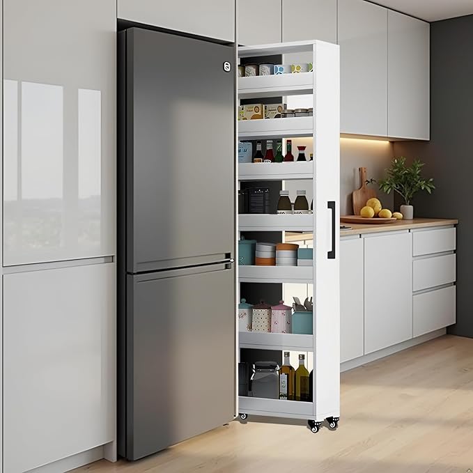 7-Tier Slim Storage Cart, Wooden Rolling Pantry Cabinet with Wheels, Narrow Shelf Organizer for Kitchen, Bakers Rack, Dining Room, Closet, Small Spaces Dark Walnut 47.2" H*9.8" W*16.9" D