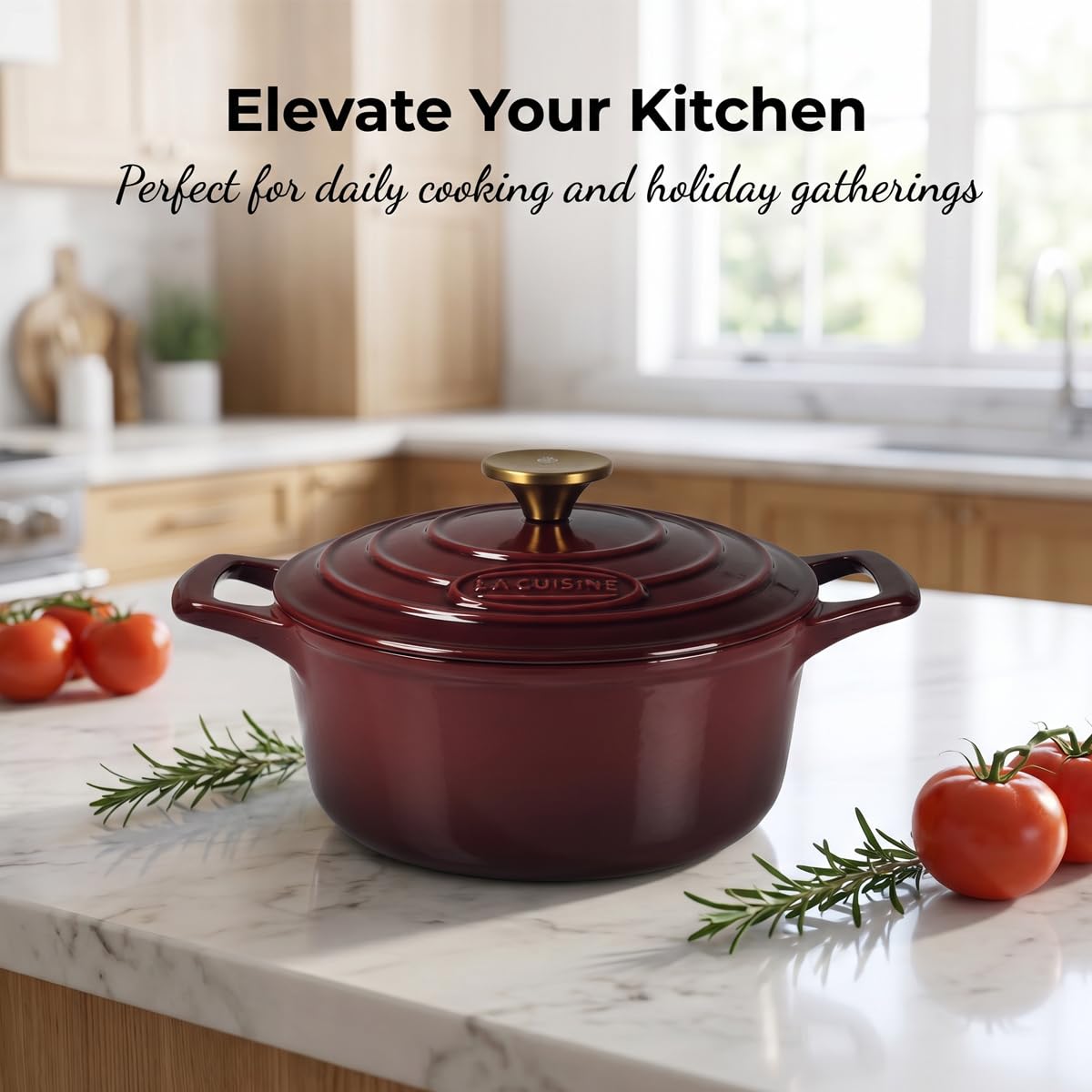 La Cuisine Enameled Cast Iron Dutch Oven Casserole Pot with Golden handle for Lid, Internal Matte Black Enamel Coating, 6.5 QT 11" / 28cm Ø, Oven-Safe 550°F/276°C, Cranberry