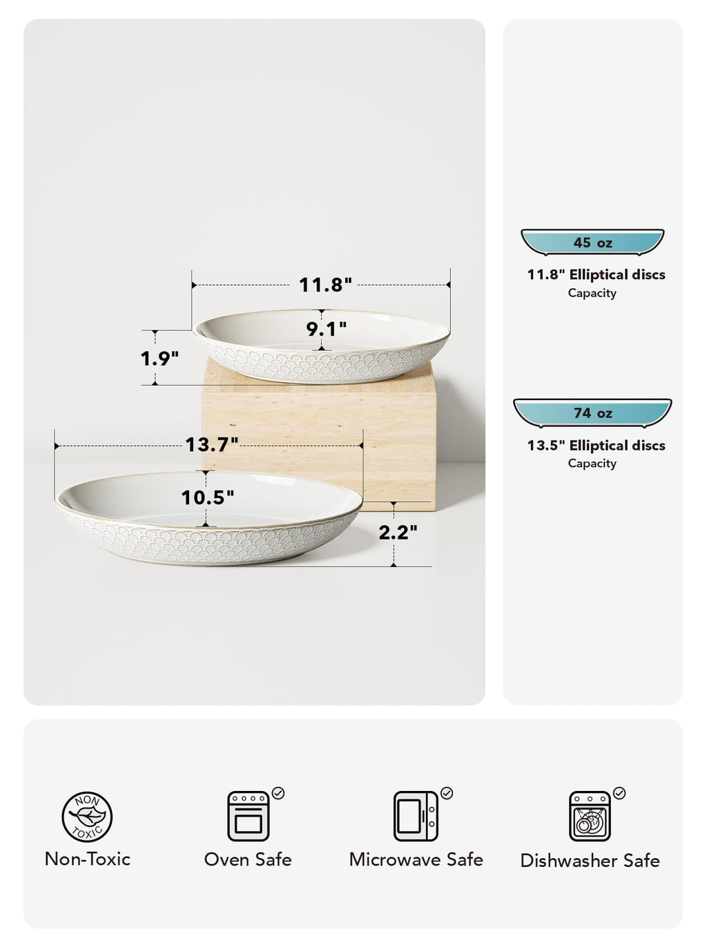 LE TAUCI Ceramic Serving Bowls Set of 2, Large Serving Dishes for Entertaining, 11.8 & 13.7 Inch Oval Serving platter, Salad Fruit Bowl, Pasta Bowls, Microwave & Dishwasher Safe - Arctic White