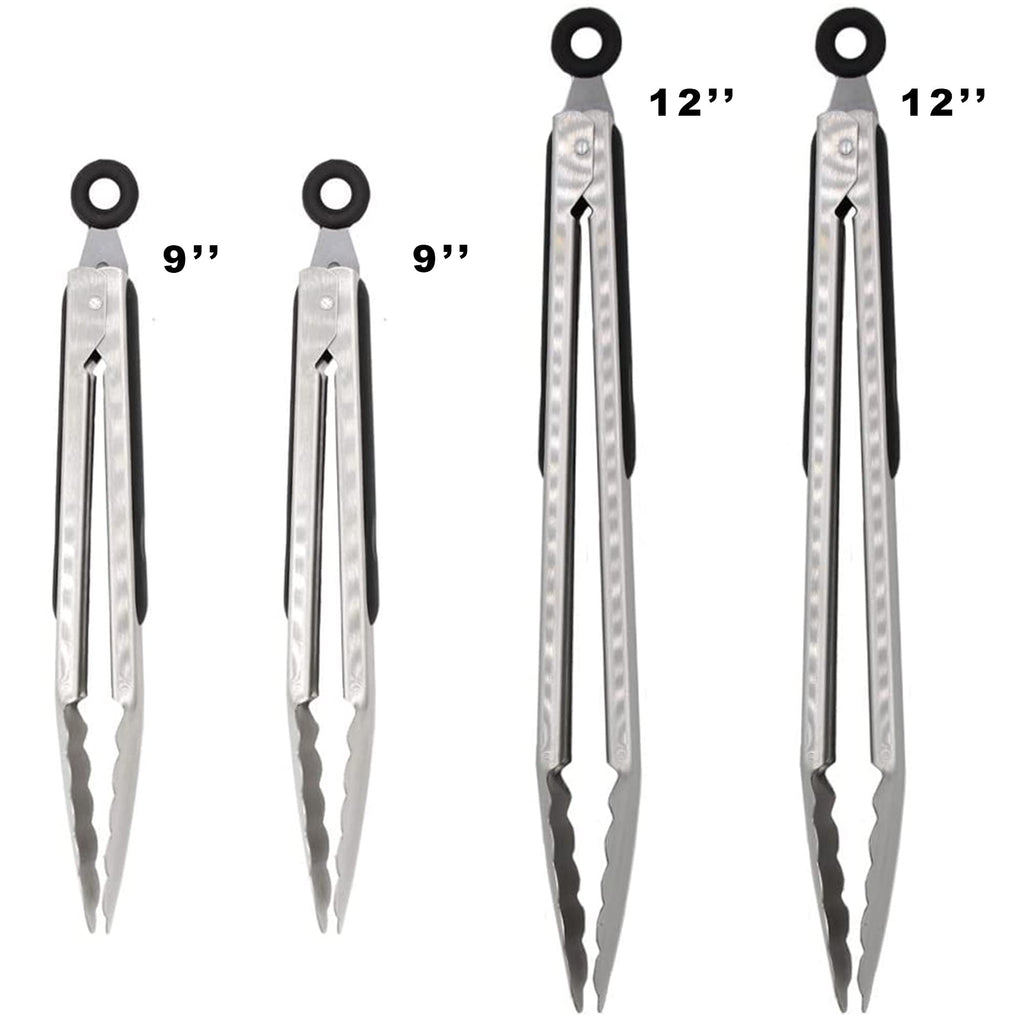 304 Stainless Steel Locking Kitchen Tongs, 9 & 12 Inch, 4-Piece, Black