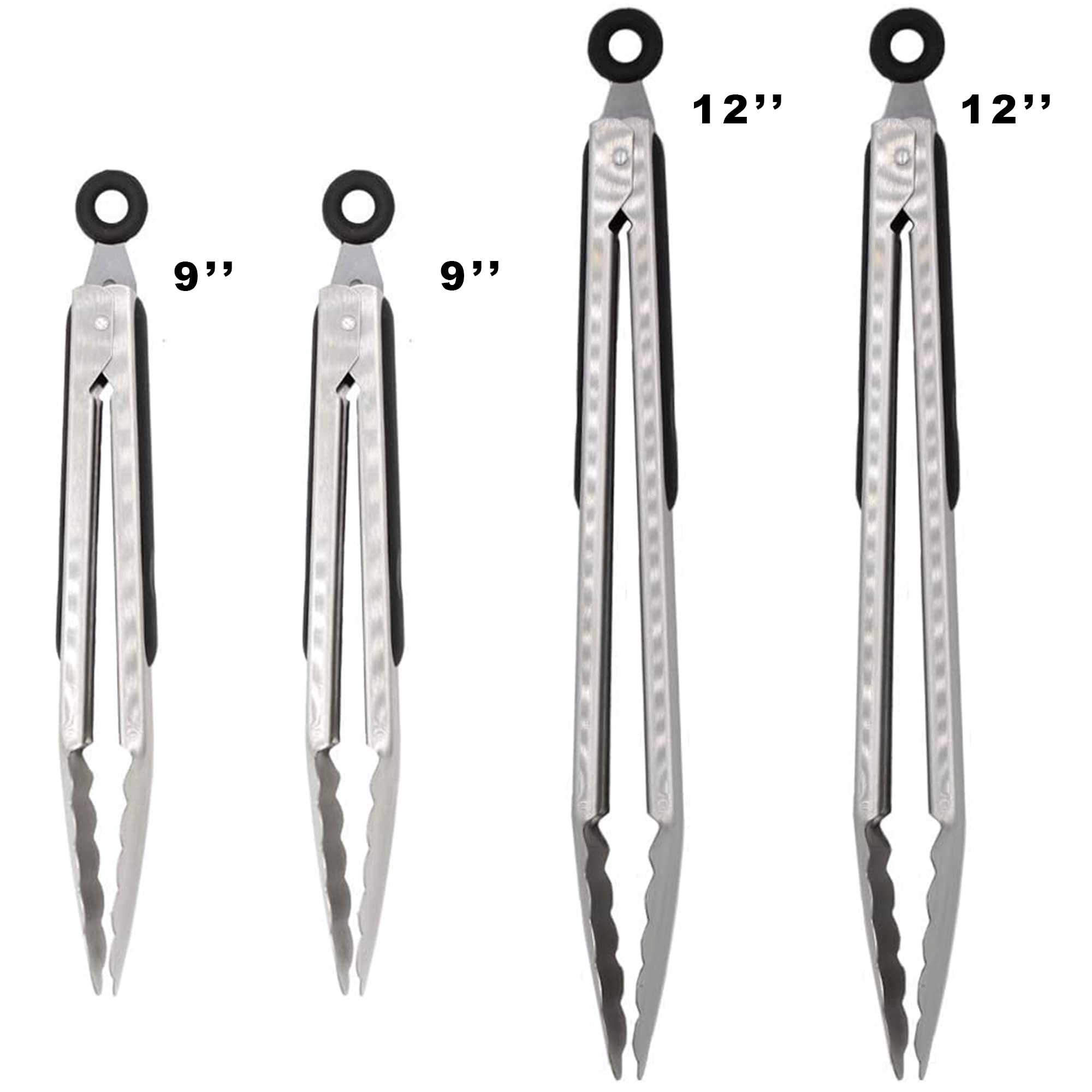 304 Stainless Steel Locking Kitchen Tongs, 9 & 12 Inch, 4-Piece, Black