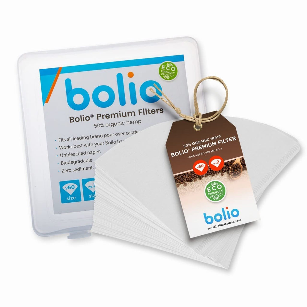 Bolio Premium Hemp White Paper Cone Coffee Filters - Peroxide Whitened - Compatible with V60 and All No.2 Size Pour Over Drippers - (Pack of 100)