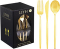 LIYH 102 Pcs Gold Plastic Silverware Disposable, Plastic Gold Utensils Heavyduty - Disposable Cutlery Includes Knives Forks and Spoons for Party, Birthday,Wedding Events