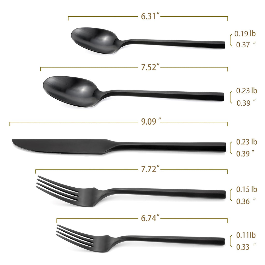 DEACORY Black Silverware Set Matte Finish Hexagon Handle Service for 4