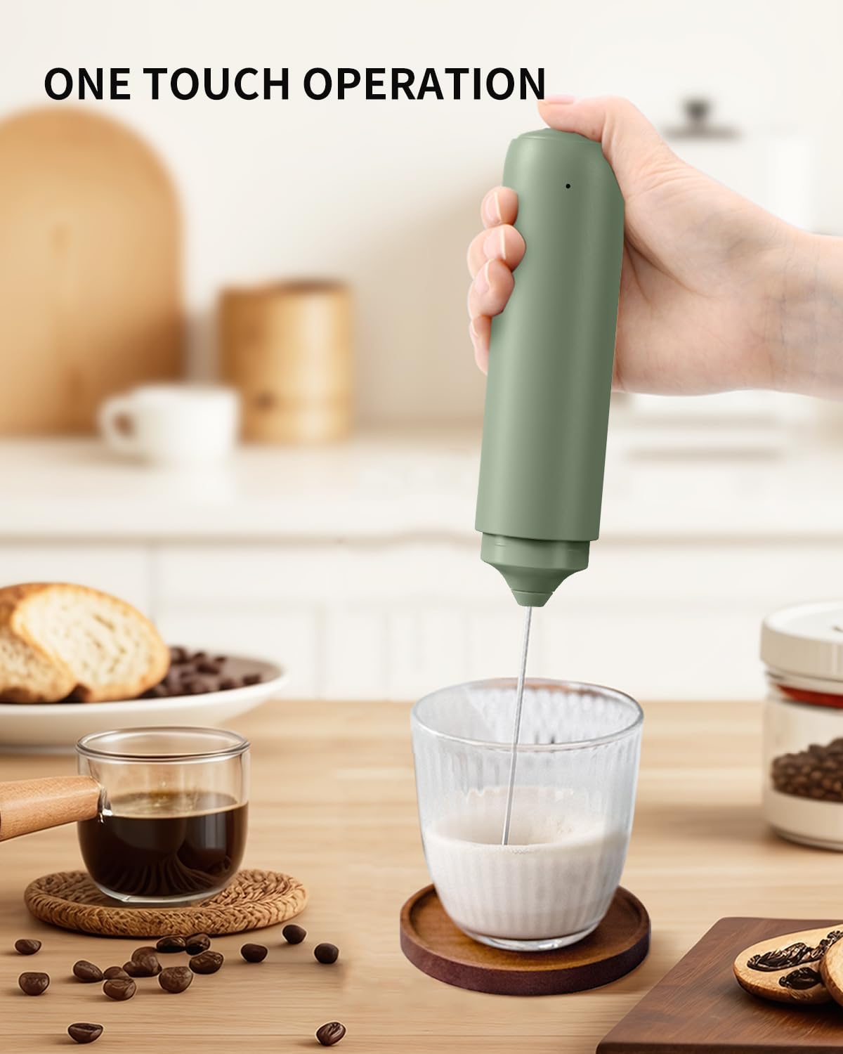 CIRCLE JOY Rechargeable Milk Frother Hanheld, Dual Ring Electric Coffee Frother, Portable Hand Frother Wand Drink Mixer for Matcha Lattes Cappuccino, Kitchen Gifts, Green