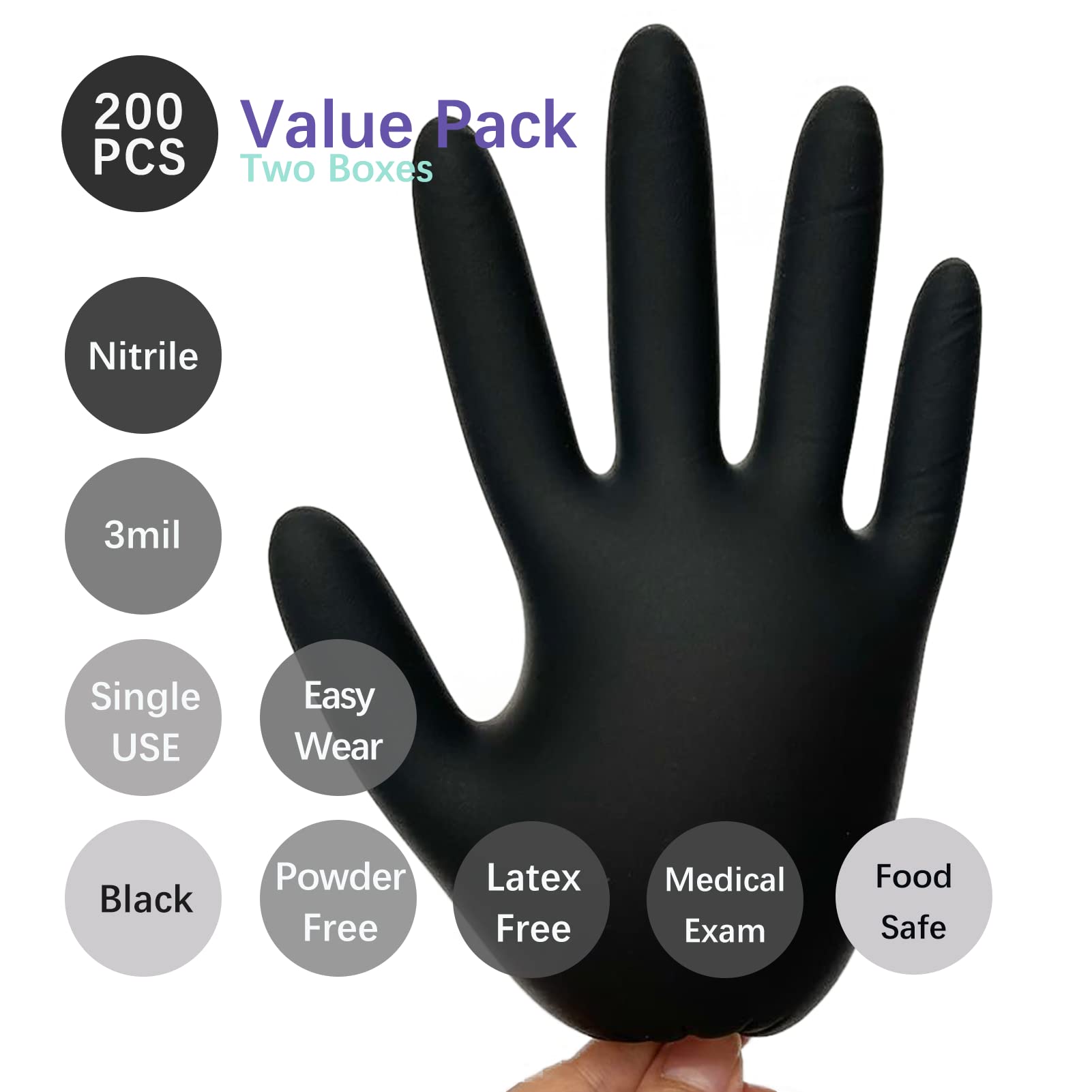 Dr.GreenPanda Black Nitrile Exam Gloves Small 200pcs 3mil Food Safe