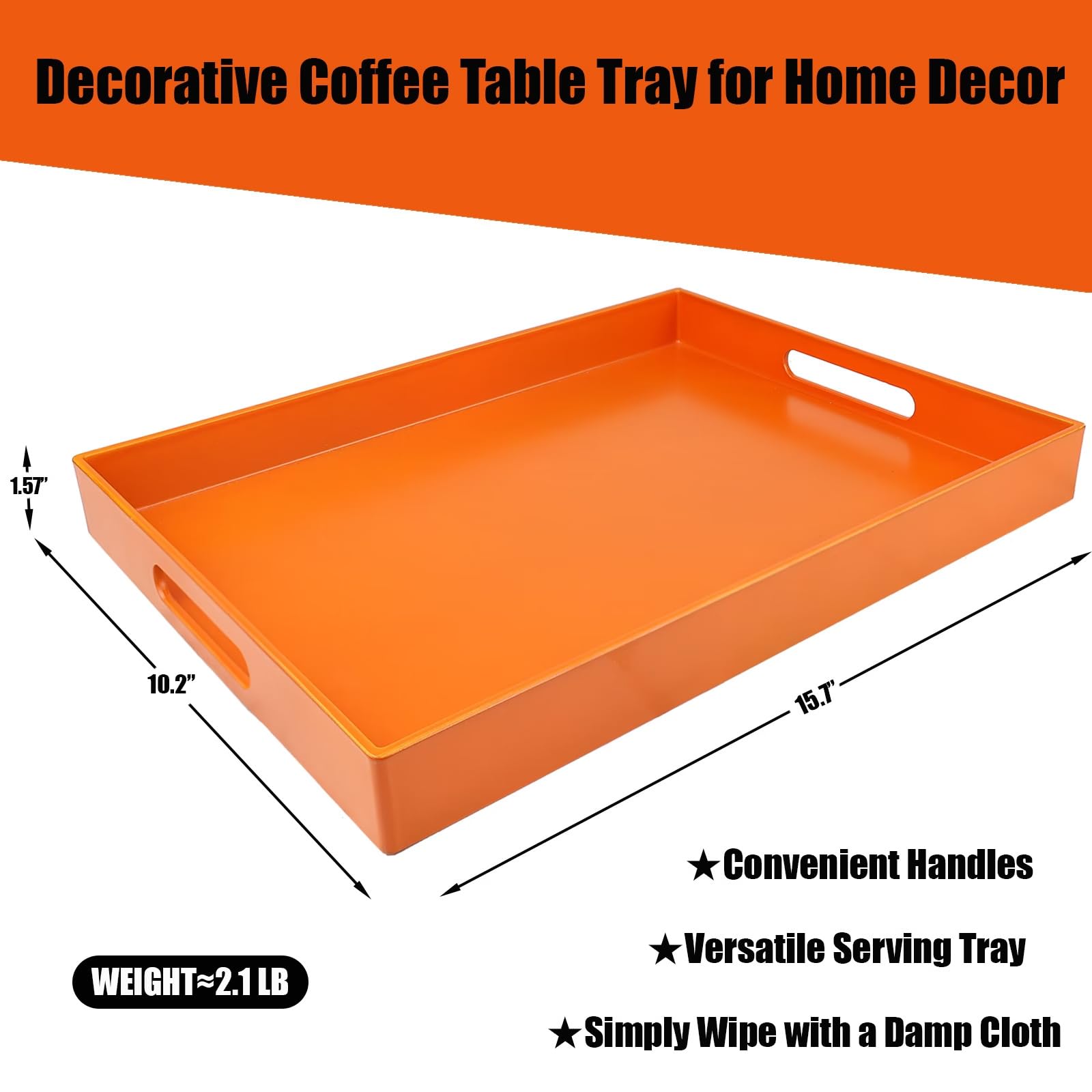 SforGUVA Ornage Serving Tray for Coffee Table, Rectangular Plastic Decorative Tray with Handles for Entertaining, Outdoor Patio, Living Room, Ottoman, Bathroom Counter, 11.8”*15.7”*1.6”