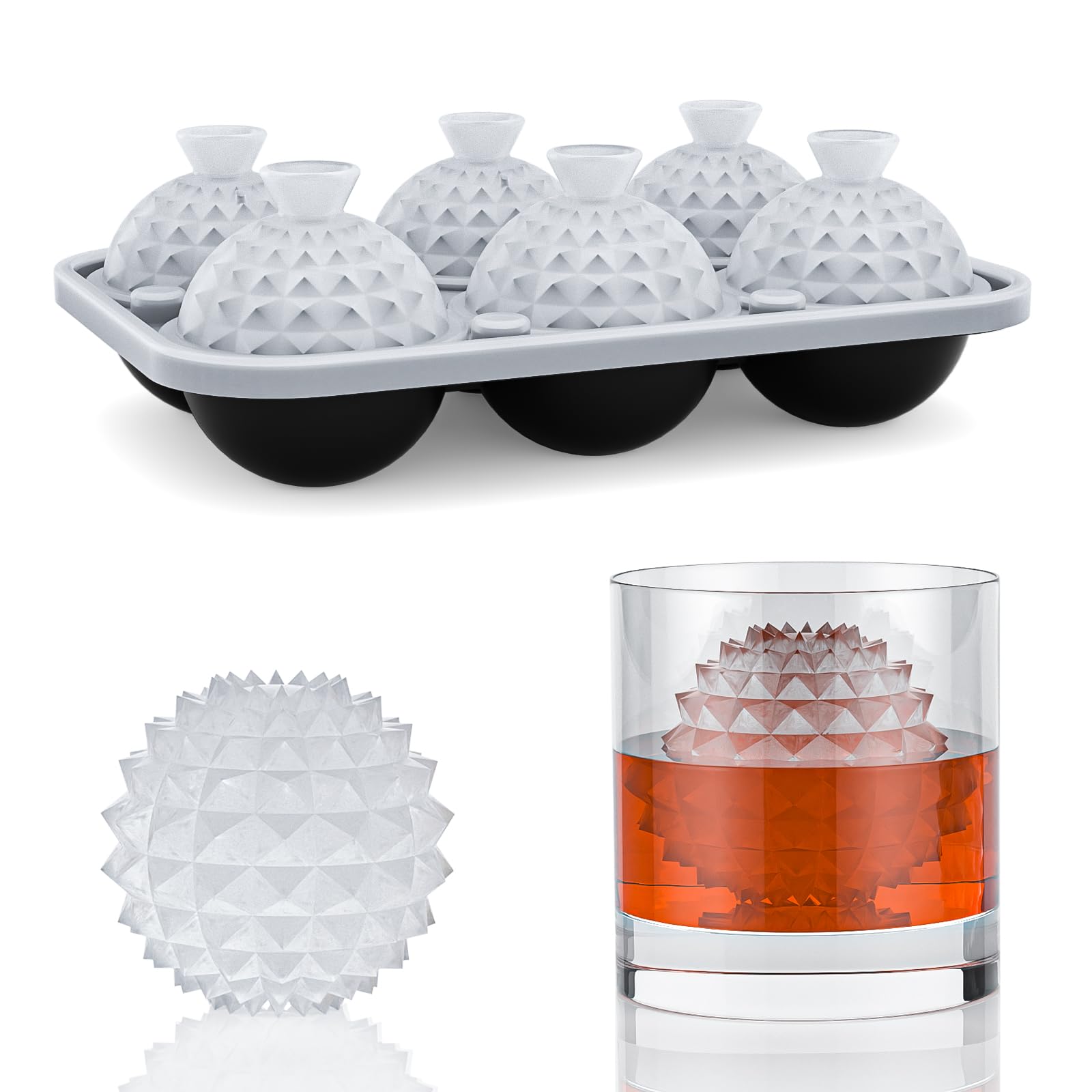 6 Chamber 1.83” 3D Crystal Round Ball Ice Cube Tray With Funnel,Large Circle Ice Molds Silicone Fun Shapes Whiskey Sphere Ice Tray,For Chilling Whiskey,Cocktails,Bourbon,Brandy and Beverages