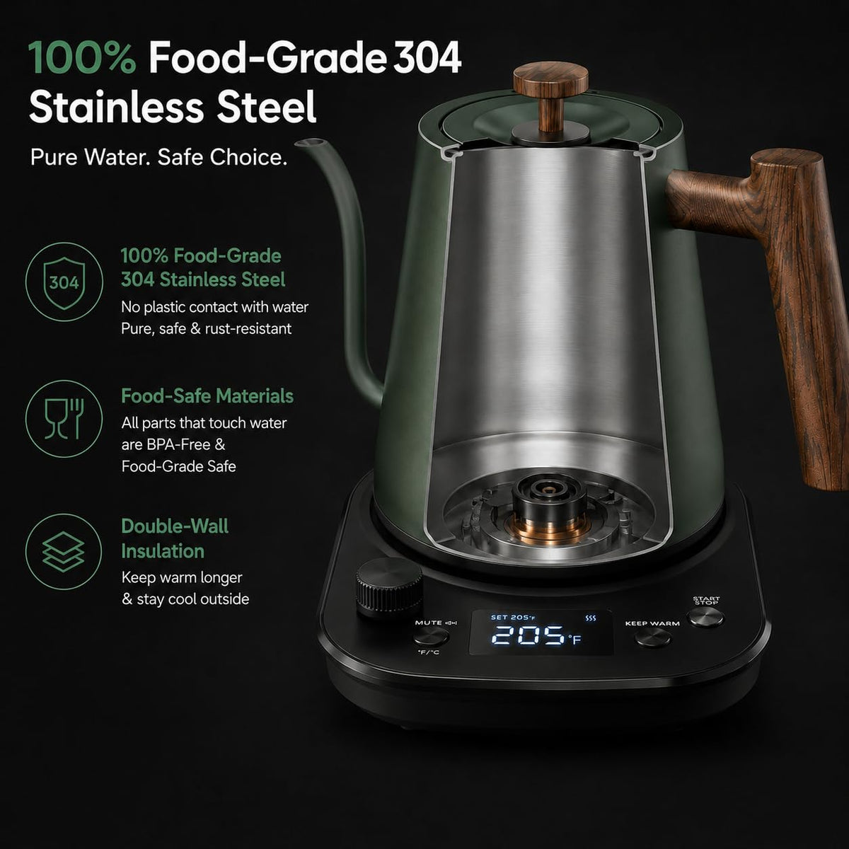 KLEAH Gooseneck Electric Kettle with Temperature Control - 0.8L Automatic Shut Off Tea & Coffee Kettle, Hot Water Boiler Pour Over Coffee Kettle, 1200W Quick Heating Keep Warm, Green