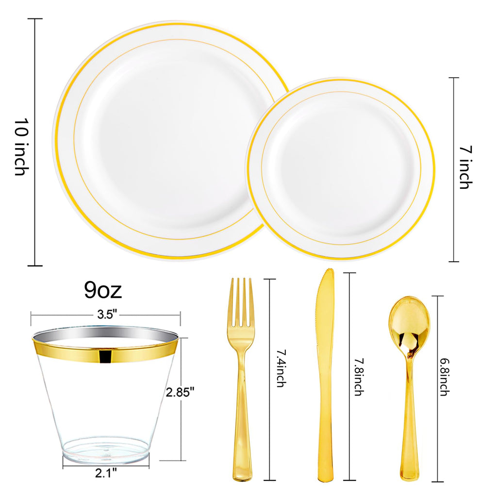 bUCLA 150PCS Gold Plastic Dinnerware Set Disposable - Heavy Duty Gold Plates Include 25 Dinner & 25 Dessert Plates,25 Forks,25 Knives,25 Spoons&25 Cups for Party&Wedding