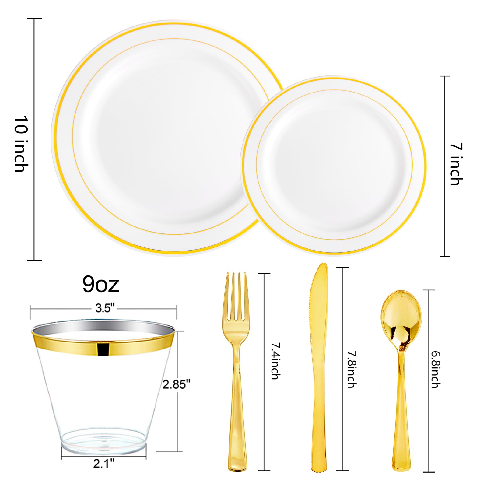bUCLA 150PCS Gold Plastic Dinnerware Set Disposable - Heavy Duty Gold Plates Include 25 Dinner & 25 Dessert Plates,25 Forks,25 Knives,25 Spoons&25 Cups for Party&Wedding