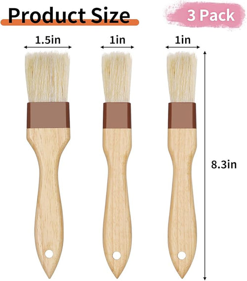 3 Pack Natural Bristle Pastry Brush for Basting Baking Cooking Food