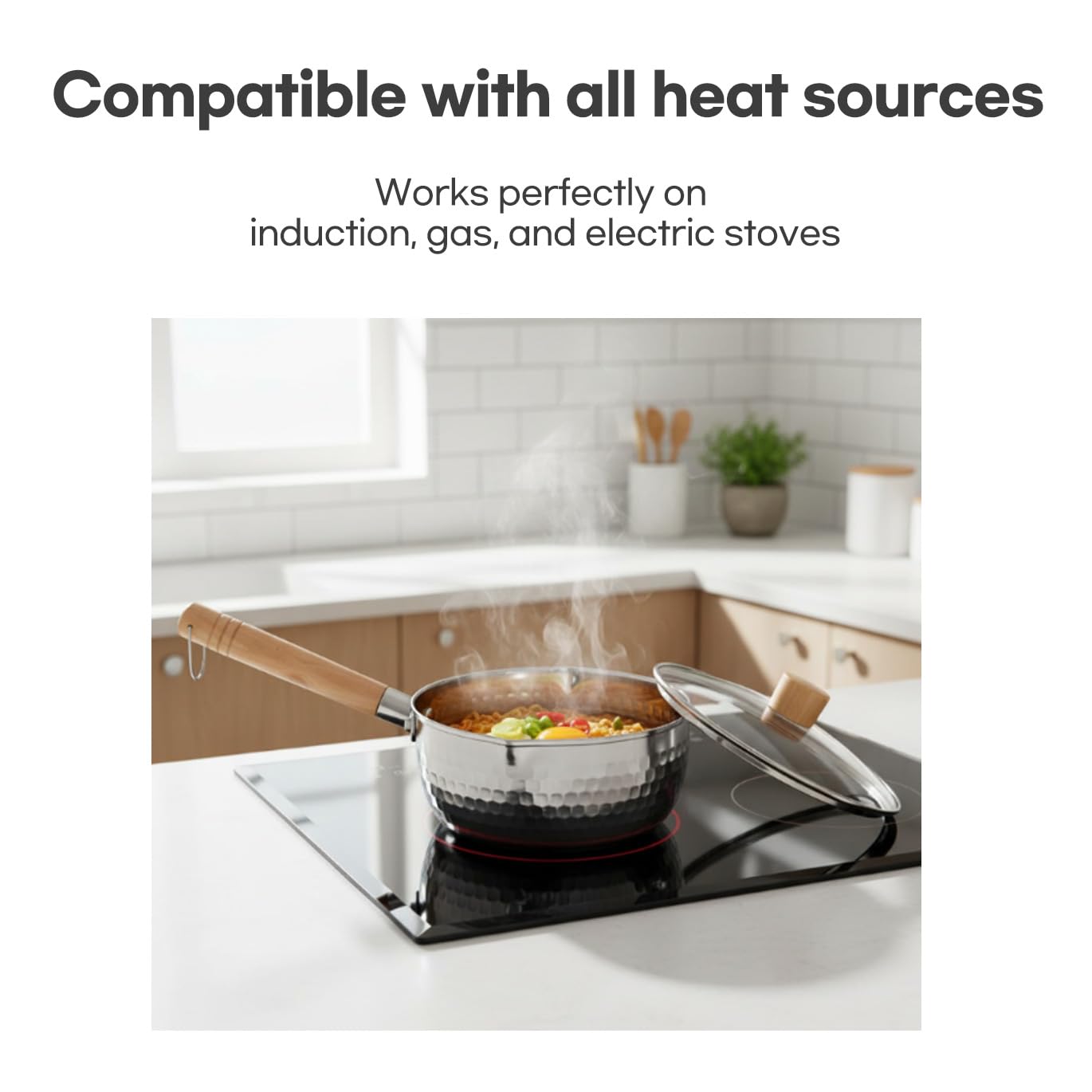 SISEM 1.5 Quart Stainless Steel Pot With Glass Lid. Traditional Japanese Saucepan Wth Wood Handle, Multipurpose Sauce Pan With Two Side Pour Spouts & Measurement Line, Great for Ramen, Milk etc.