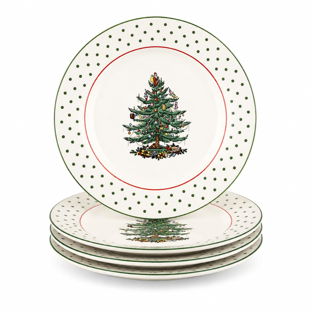 Spode Christmas Tree Polka Dot Dessert Plate (Set of 4) - Festive 8-Inch Stoneware Plates for Holiday Entertaining, Appetizers, Snacks - Microwave, Dishwasher, Freezer Safe Party Appetizer Dishes