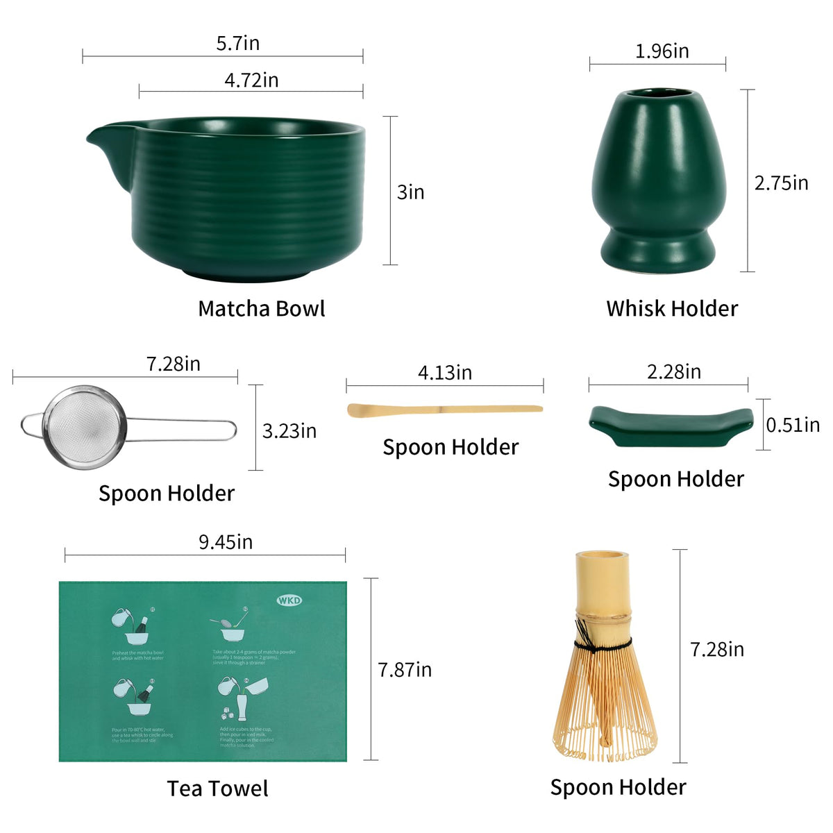 Dark Green Matcha Set,Matcha Whisk Set with Holder, Stainless Sifter & Scoop, Tea Towel,Traditional matcha making set,green tea ceremony,7Pcs