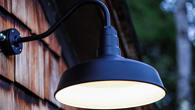 Steel Lighting Co. Gardena Barn Light | Outdoor Wall Mounted | 16" Dome | 11" Gooseneck | Farmhouse Light Made in America | Dark Bronze Exterior/Brass Interior