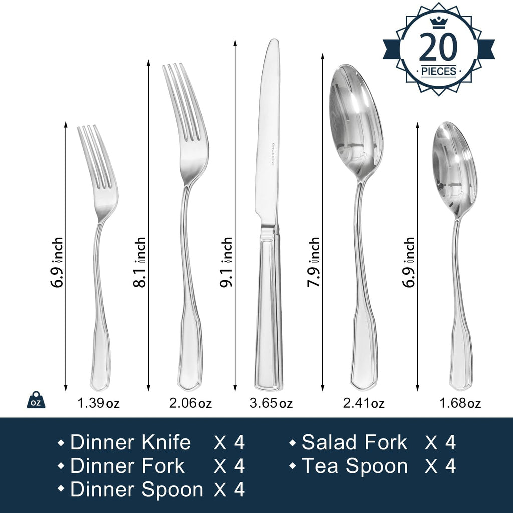 KINGSTONE 20 Piece Silverware Set for 4, 18/10 Stainless Steel