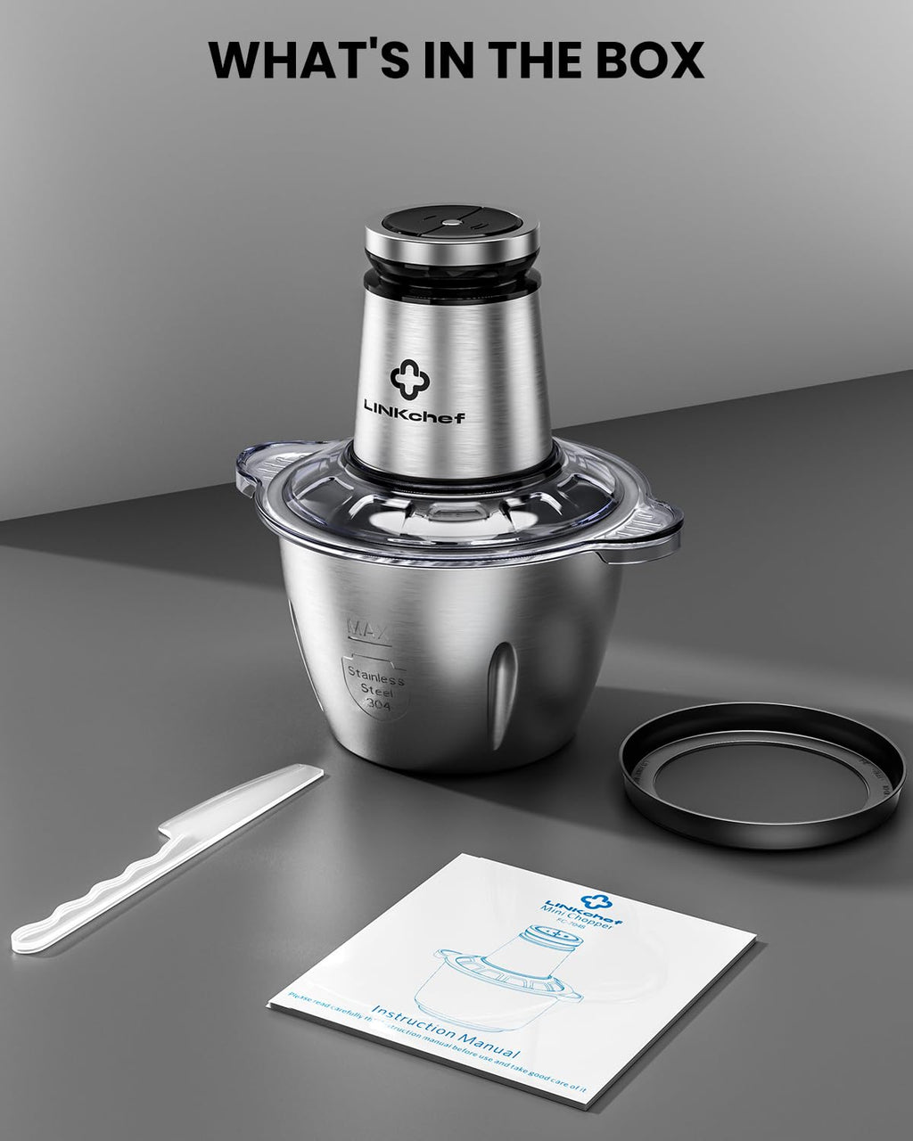LINKChef Food Processor Small, 10 Cup Food Chopper with Container, 2.3L 600W Electric Meat Grinder for Home Use, Stainless Steel Mini Food Processor for Kitchen, Vegetable, Onion, Garlic, Salad