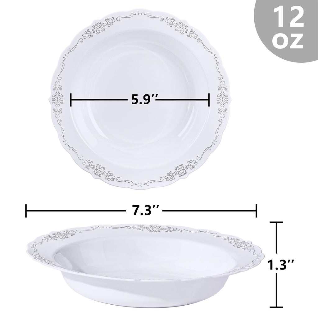 DaYammi 30 Pack Plastic Bowls with Silver Rim, 12oz Disposable Soup Bowls, Silver Bowls Disposable Heavy Duty Dinner Bowls for Weddings,Plastic Serving bowls Parties,Dinners,Catering and Everyday Use