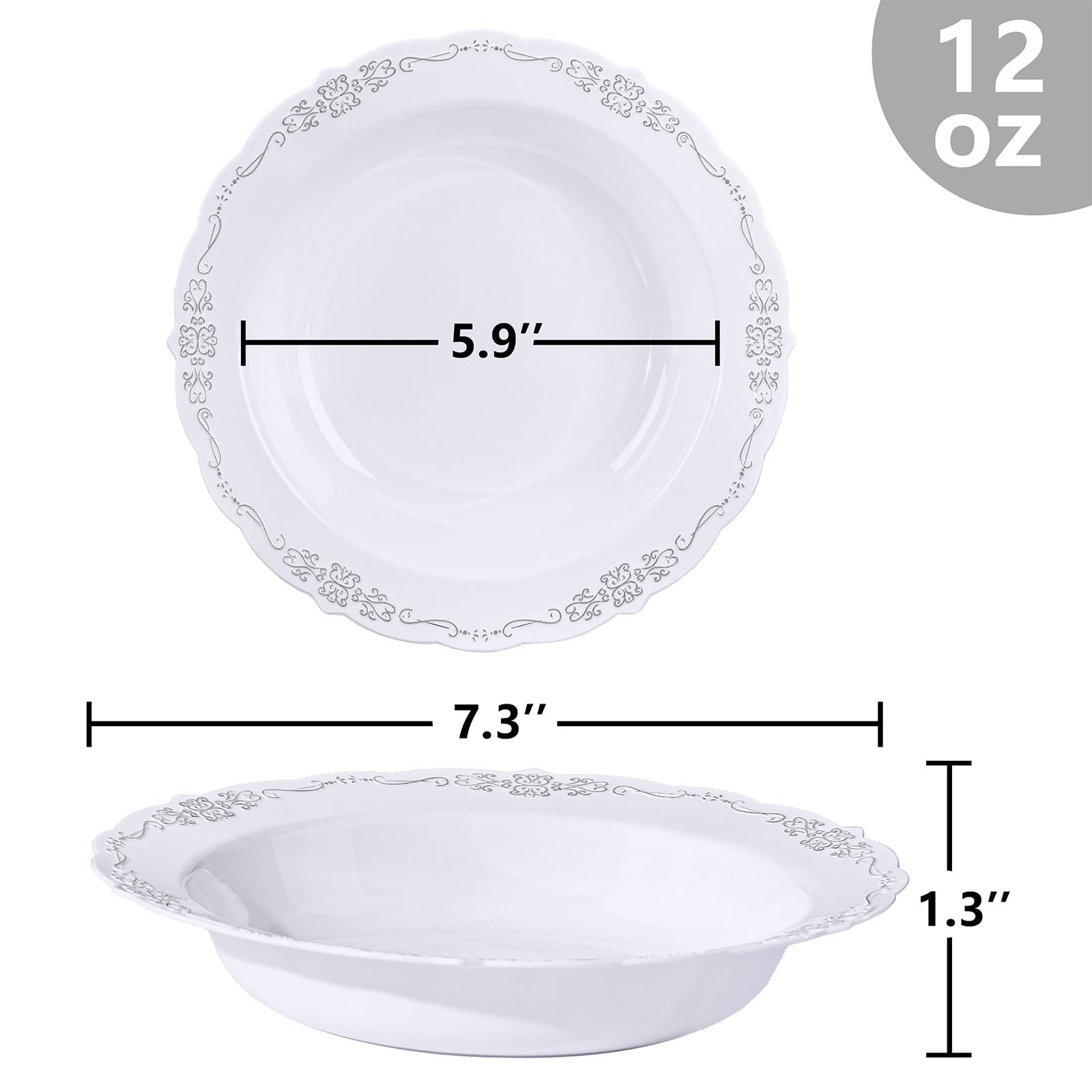 DaYammi 30 Pack Plastic Bowls with Silver Rim, 12oz Disposable Soup Bowls, Silver Bowls Disposable Heavy Duty Dinner Bowls for Weddings,Plastic Serving bowls Parties,Dinners,Catering and Everyday Use