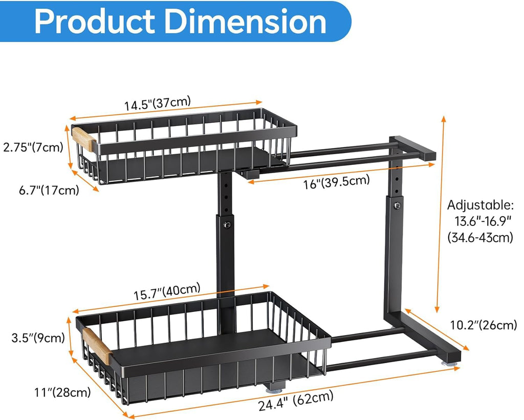 PXRACK Under Sink Organizer, Adjustable Height, 2 Tier Pull Out Under Cabinet Organizer, Slide Out Thickened Metal Under Sink Storage for Kitchen Bathroom Laundry Pantry Cabinet, Black, Large-1-Pack