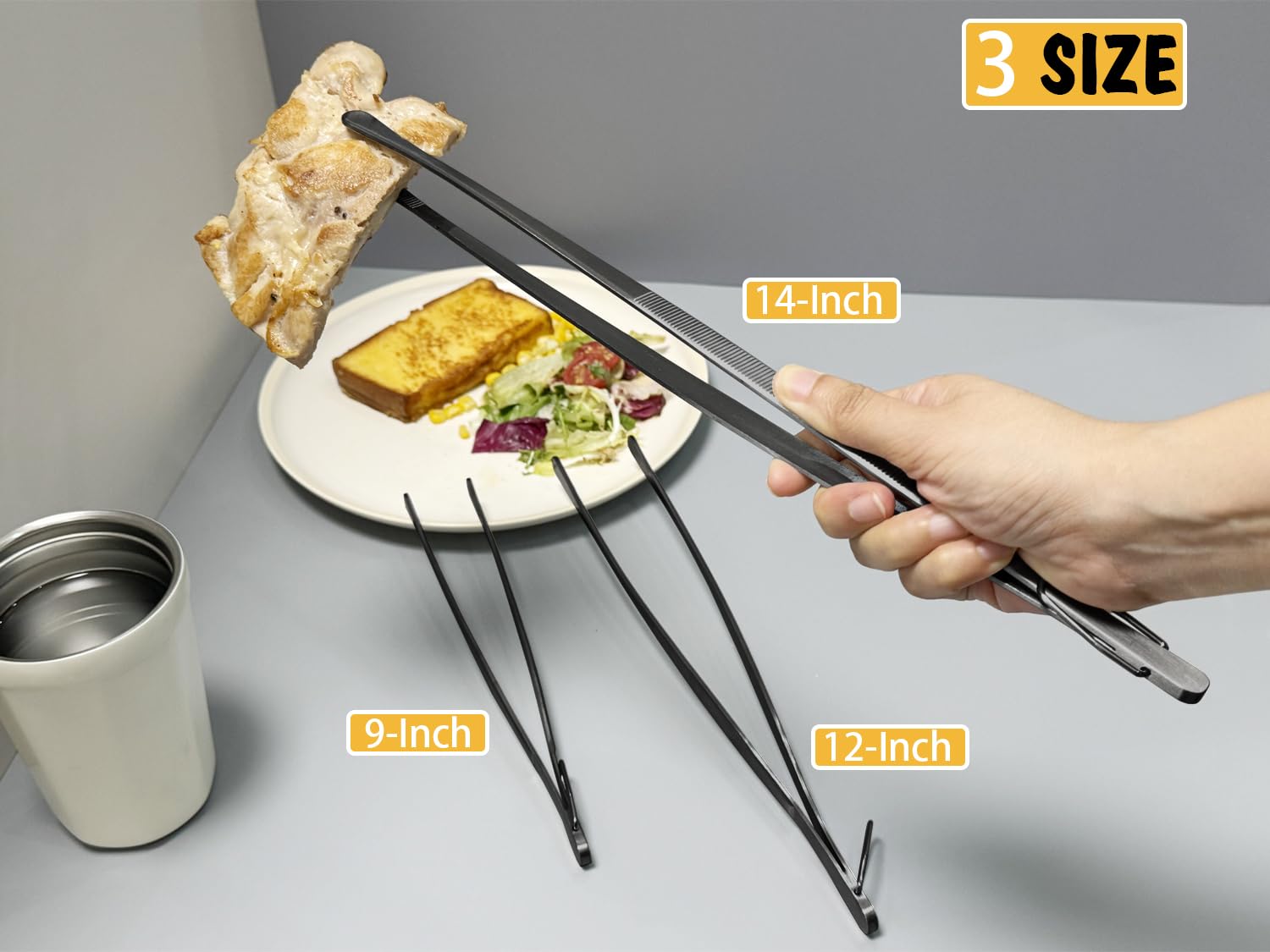 JETKONG 3 Pcs Extra Long Kitchen Tweezers 9 12 14 Inch Heavy Duty Stainless Steel Cooking Tweezers (Round Tips, Black)