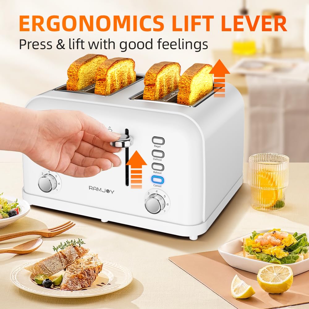 RAMJOY White Toaster 4 Slice, Dual Independent Controls, Extra Wide Slot Toasters for Bagel, Bread, Waffles, 7 Shade Settings, 4 Main Functions, Removable Crumb Tray, 1500 Watts, White Stainless Steel