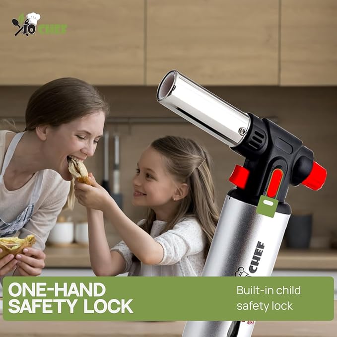Jo Chef Kitchen Torch with Butane Included – Refillable butane torch Lighter with Safety Lock & Adjustable Flame, Culinary Blow Torch for Cooking, Creme Brulee and Soldering 2 Cans (3.38oz) Included