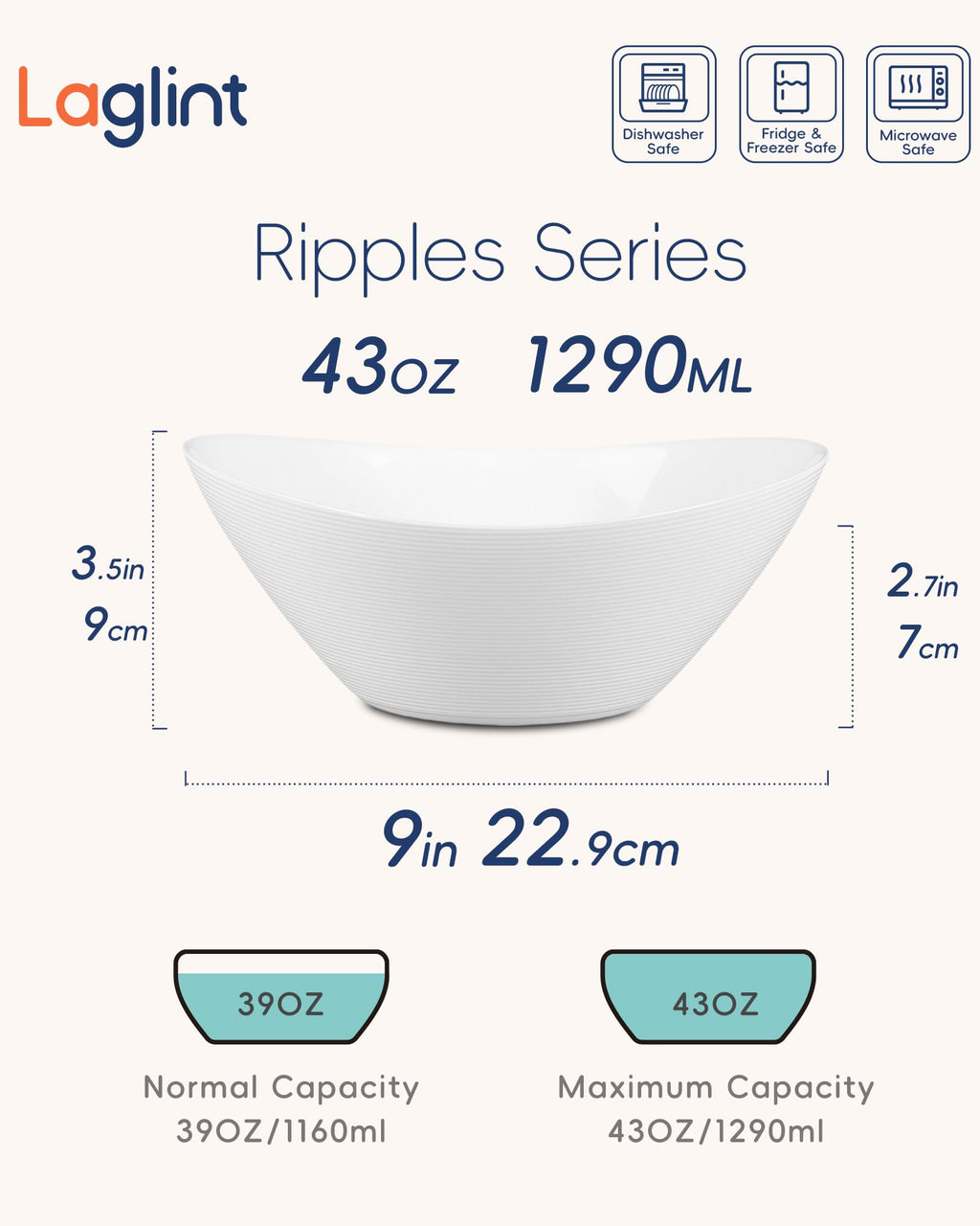 LaGlint 43 OZ Oval Serving Bowl Set of 4, 9 Inch White Opal Glass