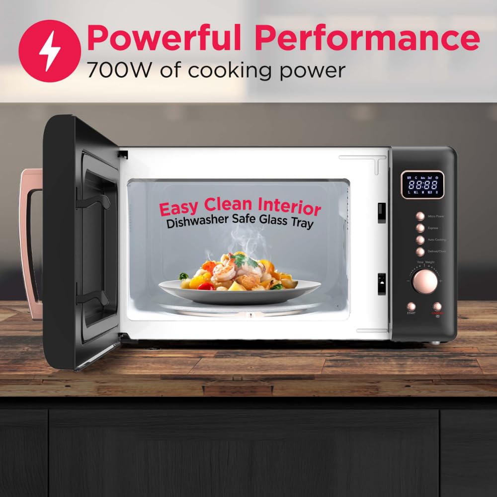 Frigidaire, 0.7 Cu. Ft. Retro Countertop Microwave Oven, 700W Compact Microwave with 8 Auto Cook Menus, Auto Defrost, 5 Power Levels, LED Display, Glass Turntable, Rosegold (Amazon Exclusive Color)