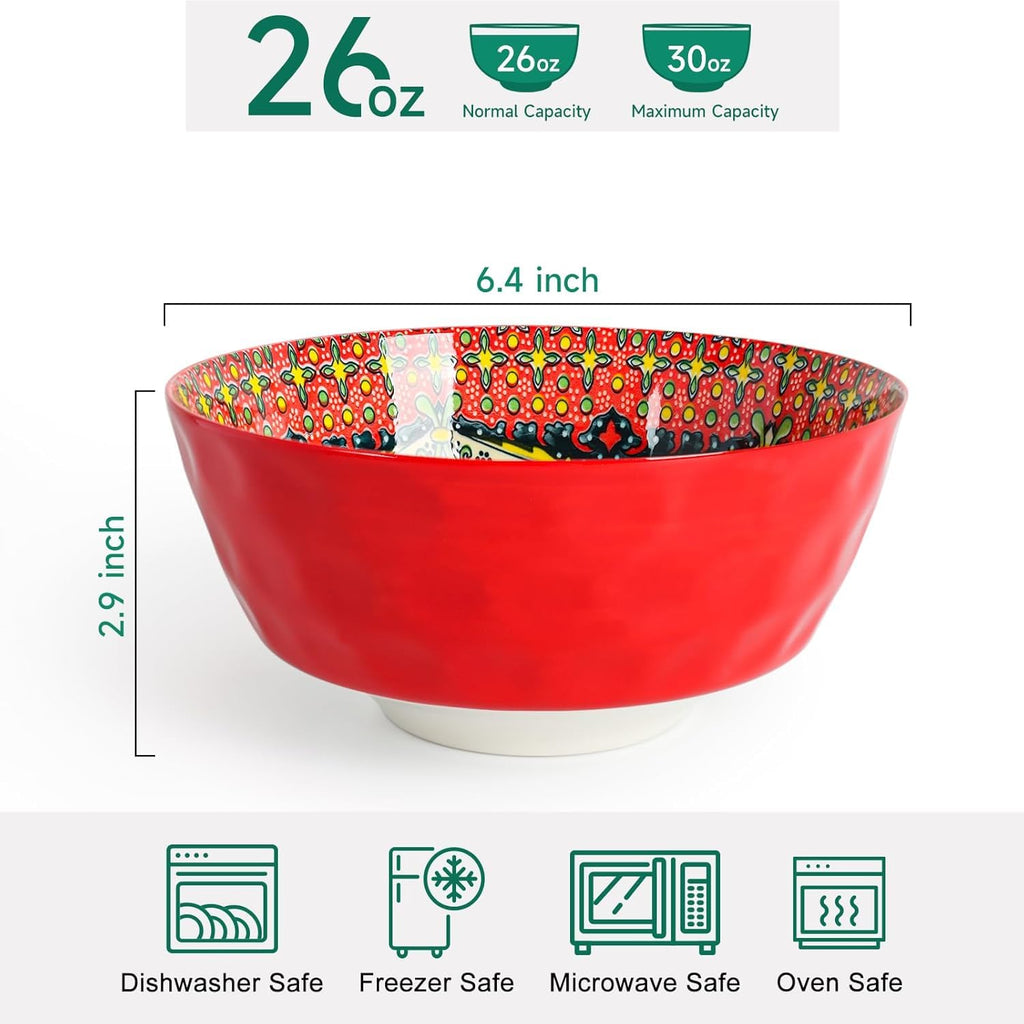 KitchenTour Cereal Bowls Set of 6, 26 oz Ceramic Soup Bowls for Kitchen, 6.3 Inch Colorful Serving Bowls for Oatmeal, Salad, Pasta, Dessert - Microwave & Dishwasher Safe