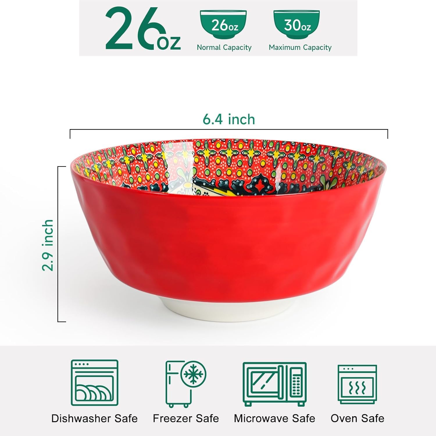 KitchenTour Cereal Bowls Set of 6, 26 oz Ceramic Soup Bowls for Kitchen, 6.3 Inch Colorful Serving Bowls for Oatmeal, Salad, Pasta, Dessert - Microwave & Dishwasher Safe