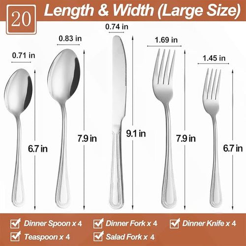 20 Pcs Silverware Set for 4, Food Grade Stainless Steel Flatware Set, Eating Utensils Sets Include Fork/Knife/Spoon, Reusable Cutlery Set for Home Kitchen, Dishwasher Safe, Pearl-edged