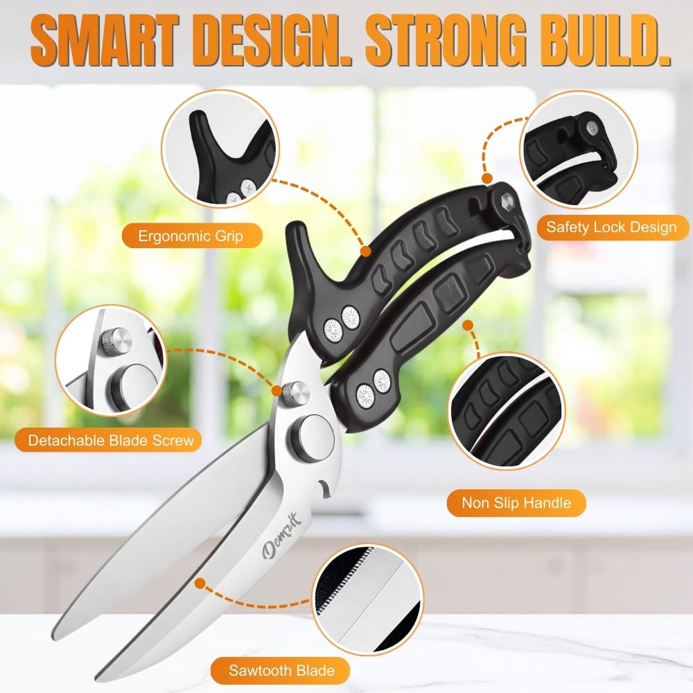 Poultry Shears Heavy Duty Professional, Kitchen Shears for Poultry,Turkey, Chicken & Bone Cutting, Multi-purpose kitchen Scissors Spring-Loaded, Dishwasher Safe, Meat Shear with Non-Slip Handle, Black