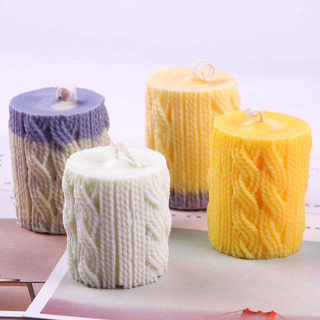 Lines Cylinder Candle Mold 3D Knitting Wool Pillar Silicone Candle Mould Fondant Chocolate Cake Tool for Handmade Soap, Polymer Clay