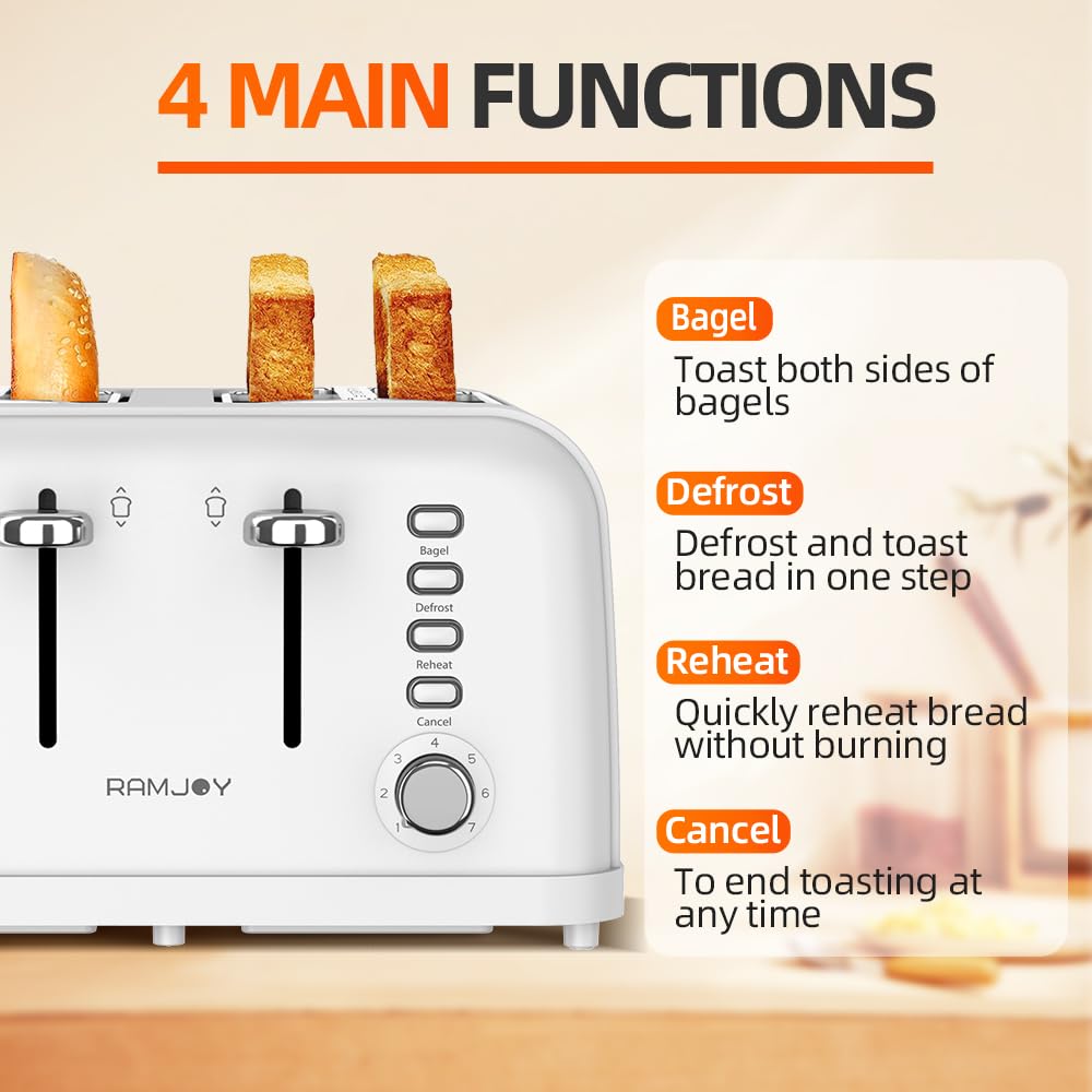 RAMJOY White Toaster 4 Slice, Dual Independent Controls, Extra Wide Slot Toasters for Bagel, Bread, Waffles, 7 Shade Settings, 4 Main Functions, Removable Crumb Tray, 1500 Watts, White Stainless Steel
